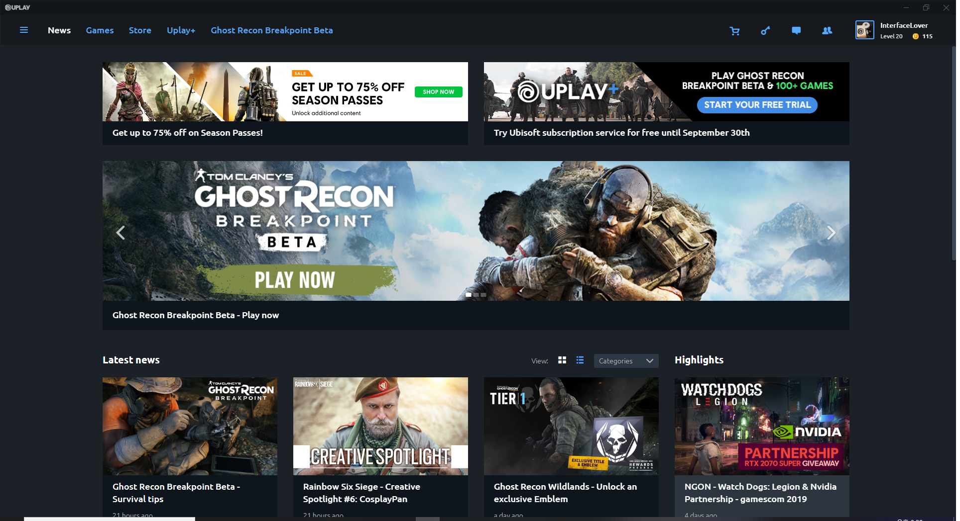 Uplay client's news page also worked as Uplay's landing page.