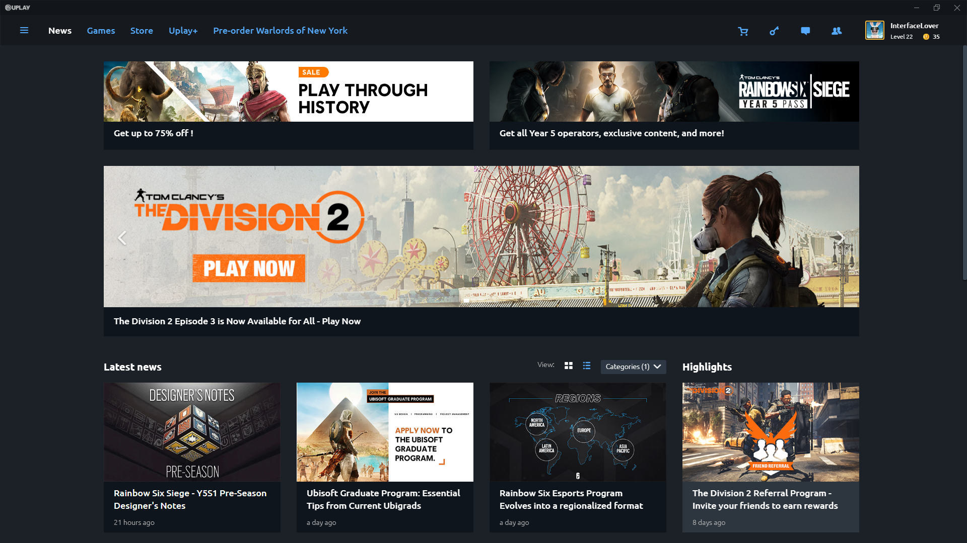 Uplay client in 2019, before rebranded as Ubisoft Connect