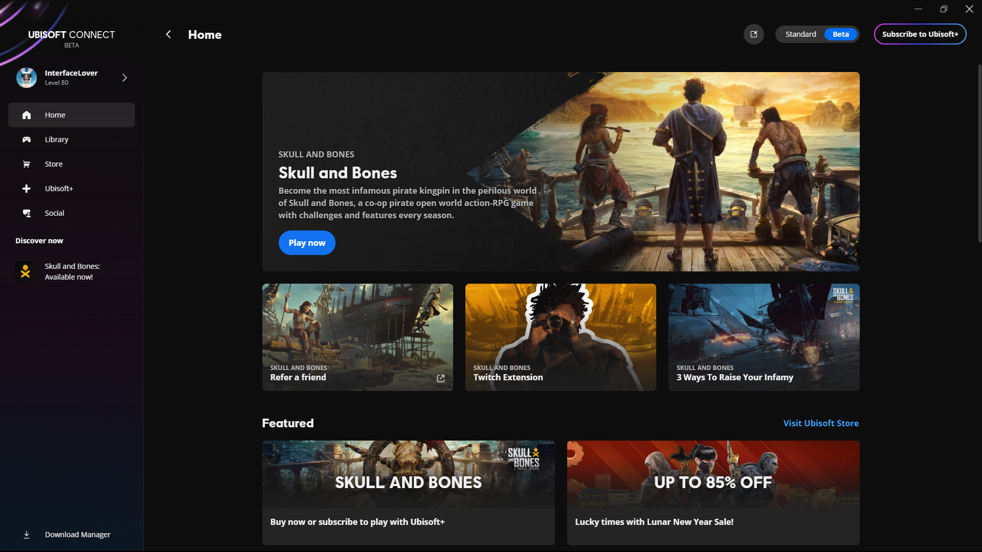 Closed beta homepage look when Skull and Bones was released