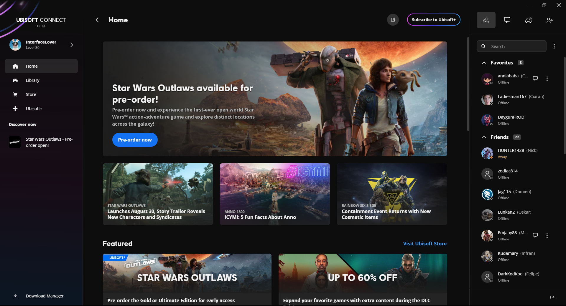 Closed beta homepage look when Star Wars Outlaws started preorder