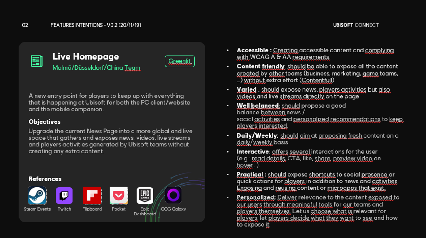 The high-level feature intentions for the Ubisoft Connect Homepage in 2020
